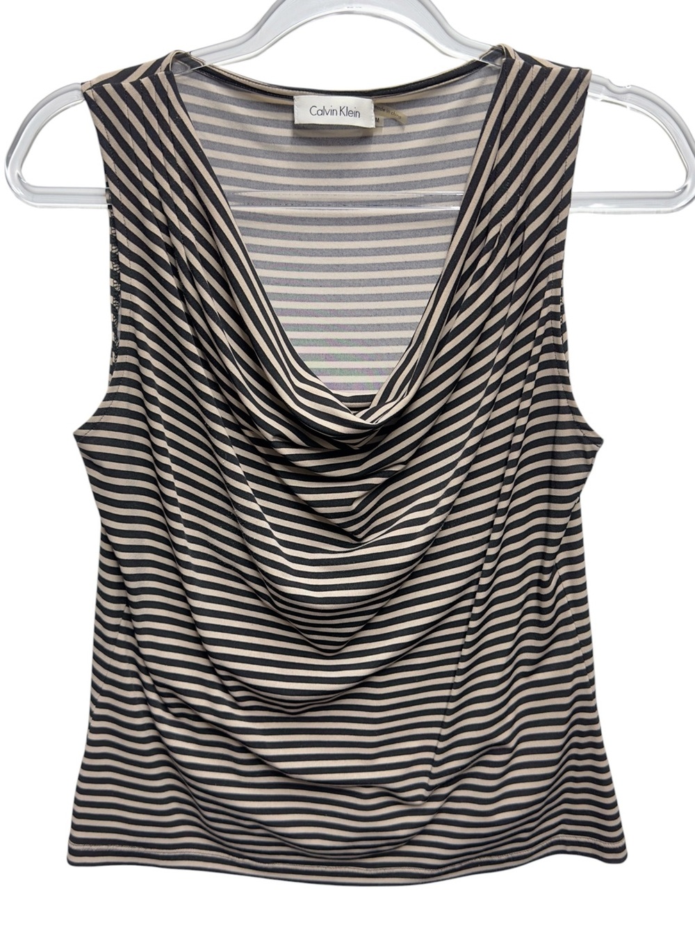 Tuxedo Jersey Crepe Knit Cowl Contrast Striped Blouse Tank Top